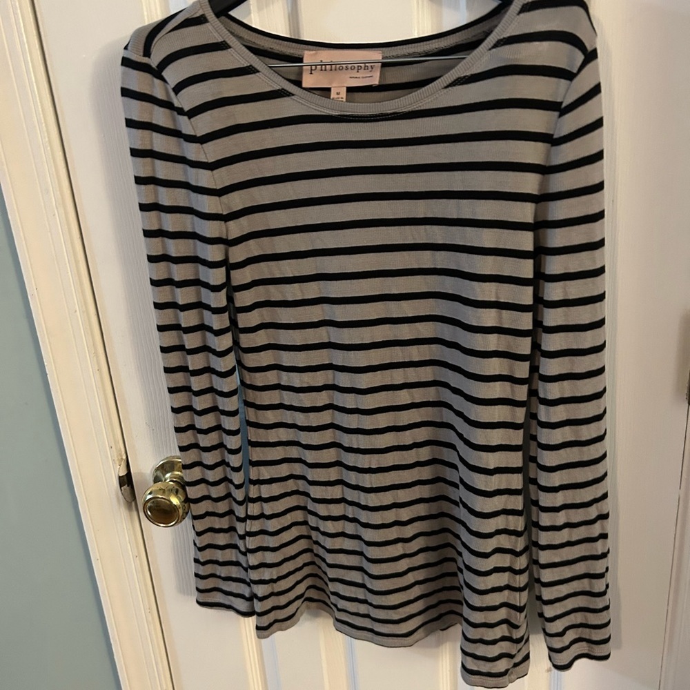 Philosophy grey and black striped shirt.